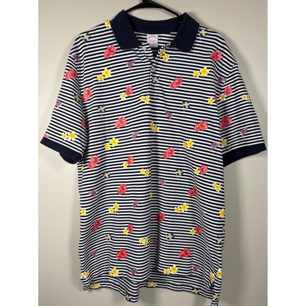 Brooks Brothers Mens Performance Polo Shirt L Navy Striped Floral Nautical Flag